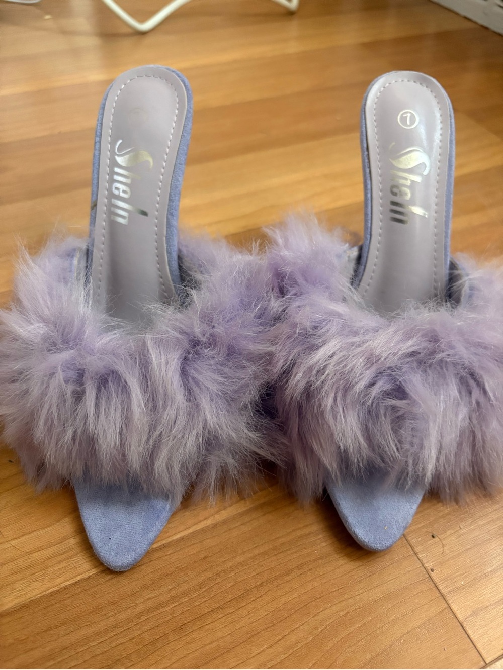 SHEIN Lilac Feather Trim Pointed Mule Heels